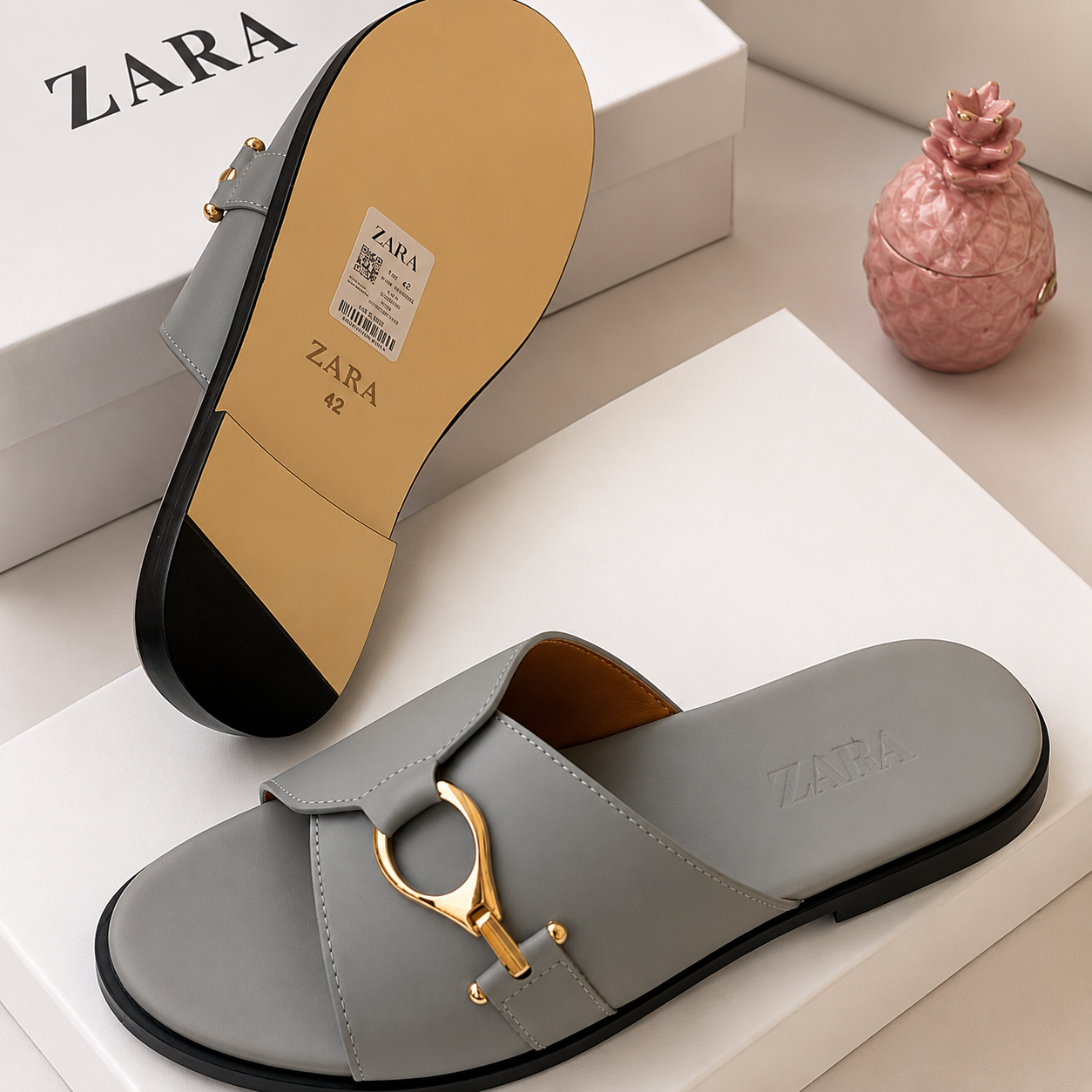 Zara Men's Leather Horsebit Slide Sandal – Grey