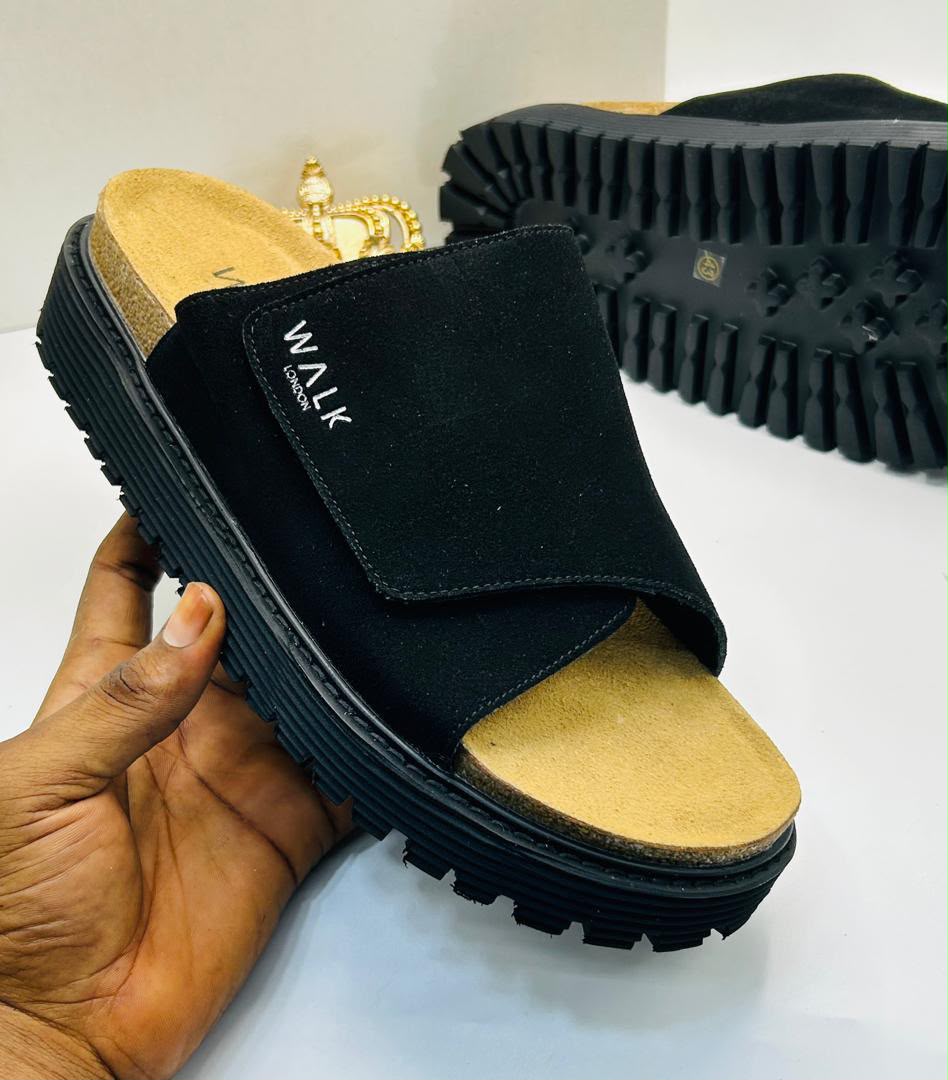 Walk London Black Suede Wide-Strap Platform Slides — 100% Authentic