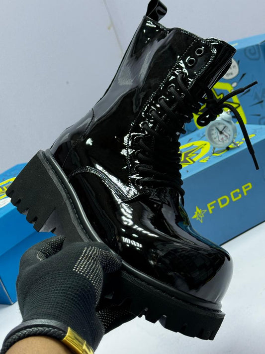Black Patent Leather Lace-Up Combat Boots