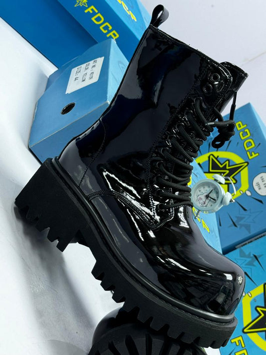 Black Patent Leather Lace-Up Combat Boots