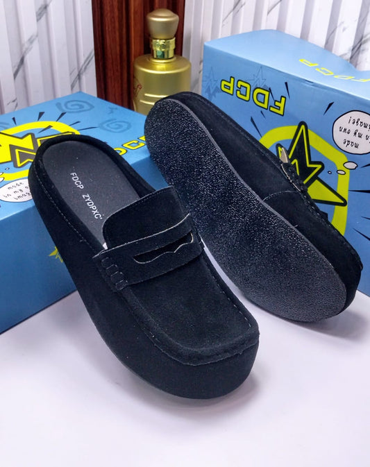FDCP Men's Black Suede Penny Loafer Mules