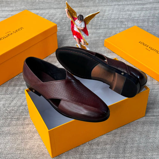 Louis Vuitton Men's Burgundy Textured Leather Cross-Strap Slip-On Loafer