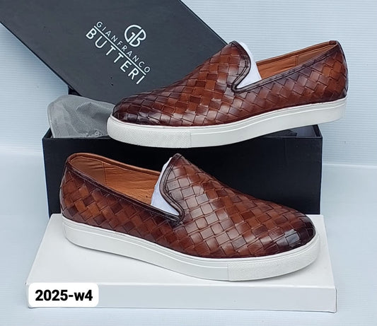 Gianfranco Butteri 2025-W4 Men's Woven Leather Slip-On Sneaker — Tan Brown