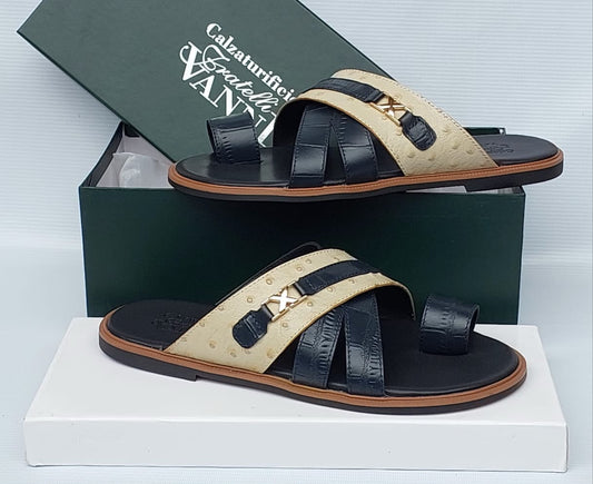 Fratelli Vanti Crossover Leather & Ostrich Sandals – Men's Luxury Slides