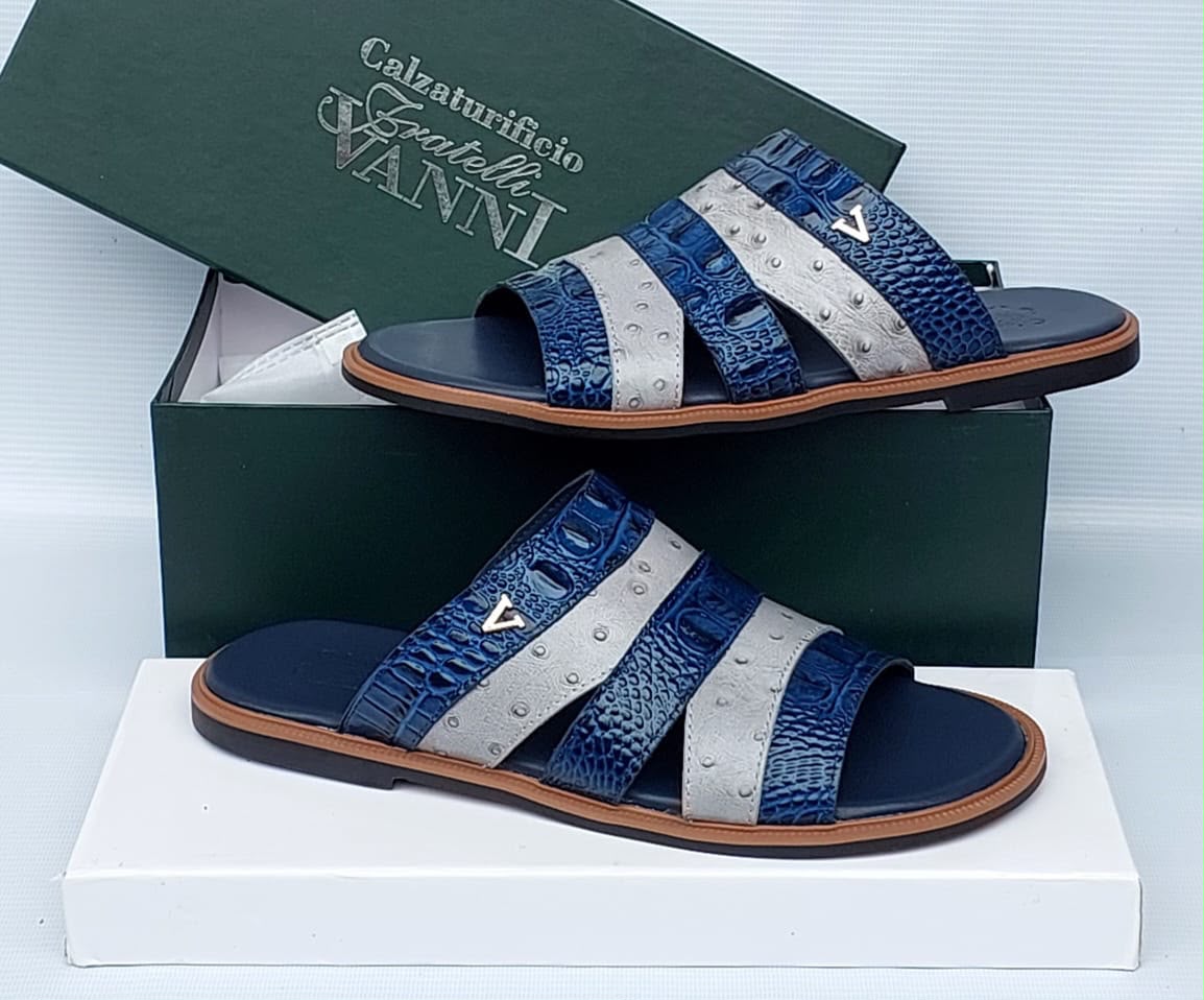 Fratelli Vanti Triple-Strap Croc & Ostrich Leather Sandals – Royal Blue