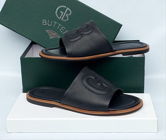 GB Butter Embossed Logo Leather Slide Sandals – Men's Luxury Slides