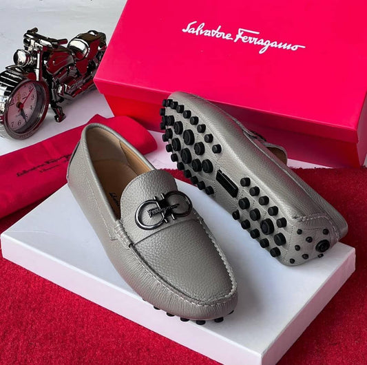 Salvatore Ferragamo Gancini Driver Loafer — Pebbled Grey Leather