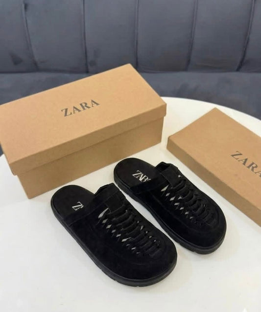 Zara Men's Woven Suede Mule Slides — All Black
