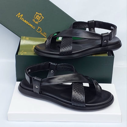 Massimo Dutti Men's Black Leather Woven Cross-Strap Sandal