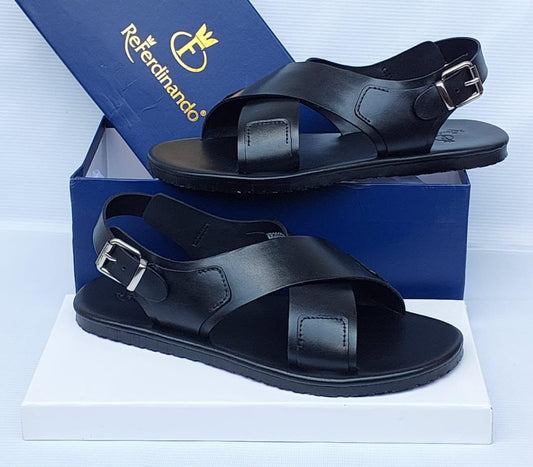 ReFerdinando Men's Black Leather Cross-Strap Buckle Sandal