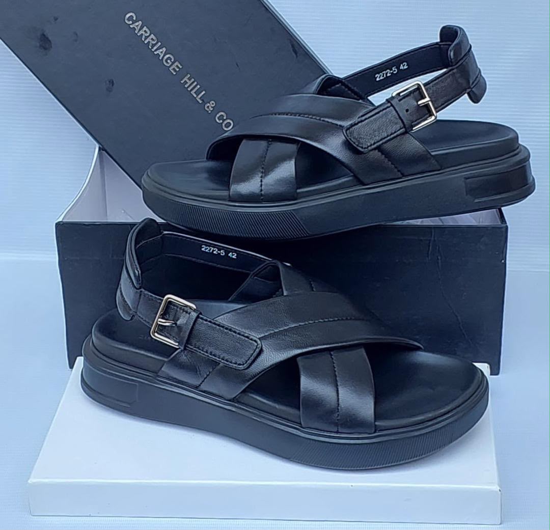 Carriage Hill & Co. Men's Black Leather Cross-Strap Buckle Sandal