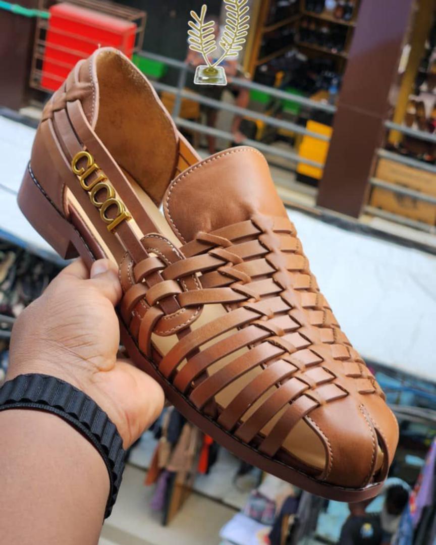 Gucci Men's Tan Leather Woven Cage Sandal