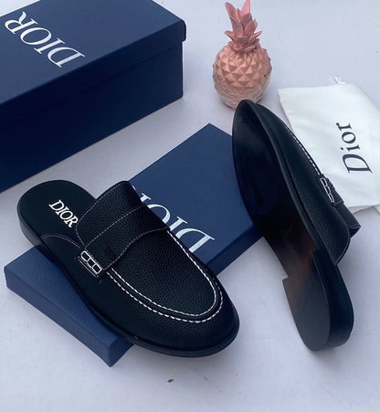 Dior Brown Pebbled Leather CD Buckle Mule Slides — 100% Authentic