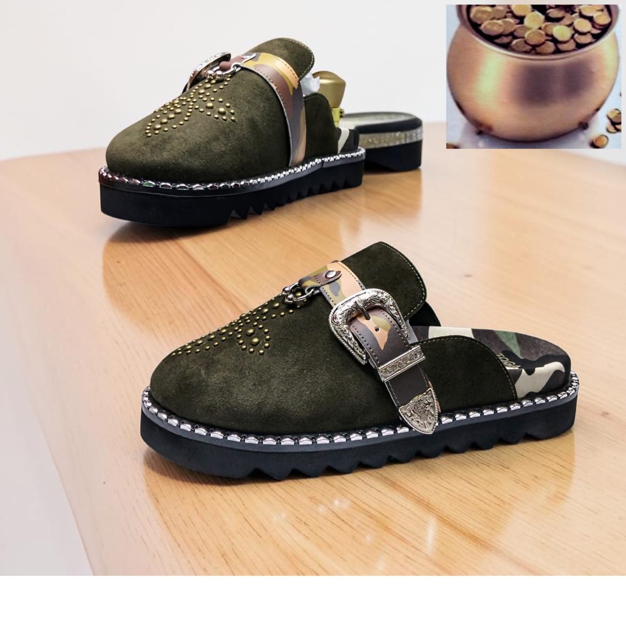 Studded Suede Loafer Mule – Black Gold Chain Edition