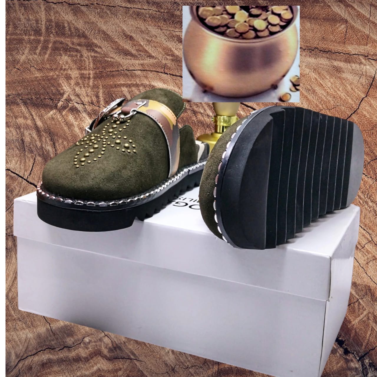 Studded Suede Loafer Mule – Black Gold Chain Edition