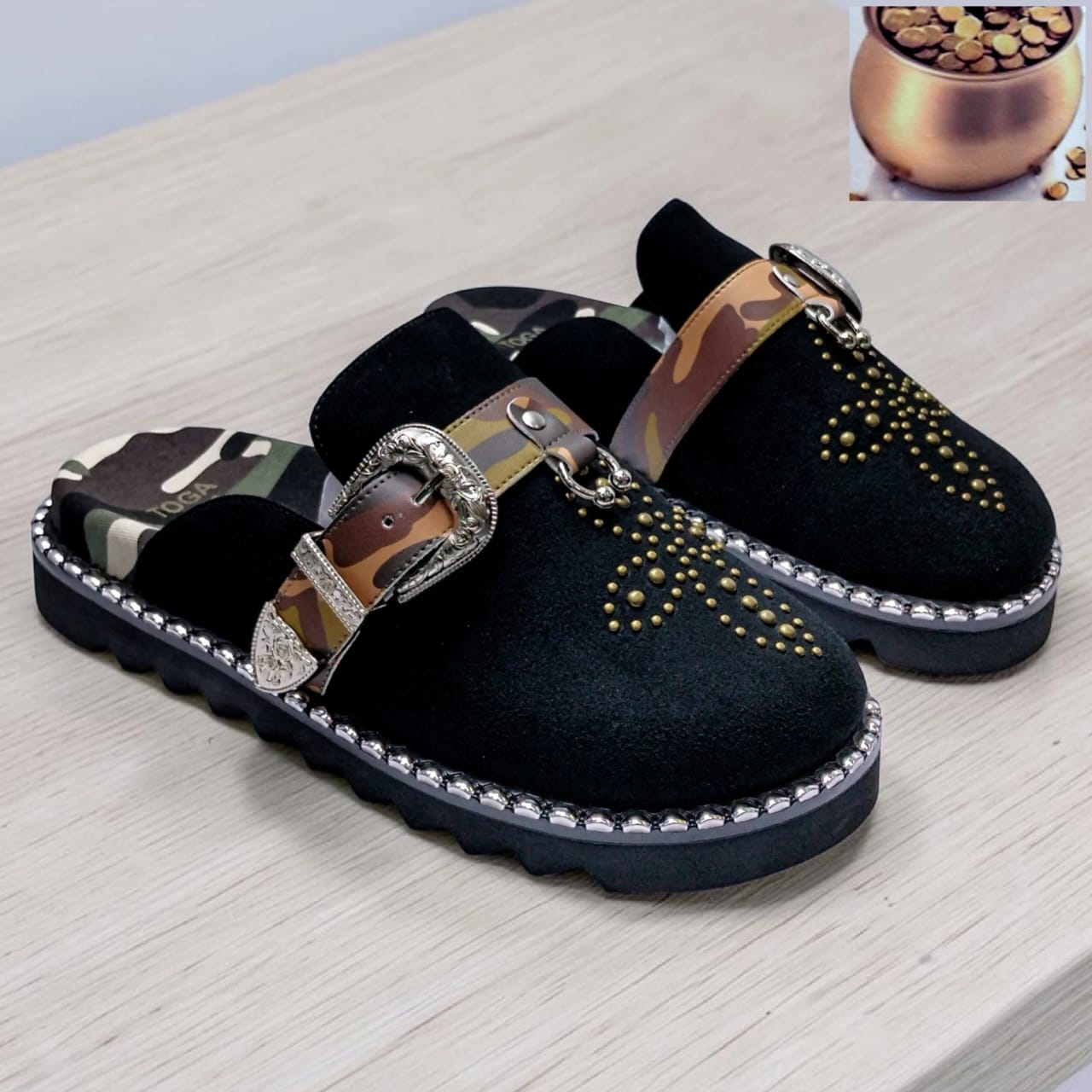 Studded Suede Loafer Mule – Black Gold Chain Edition