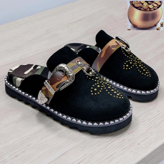 Studded Suede Loafer Mule – Black Gold Chain Edition