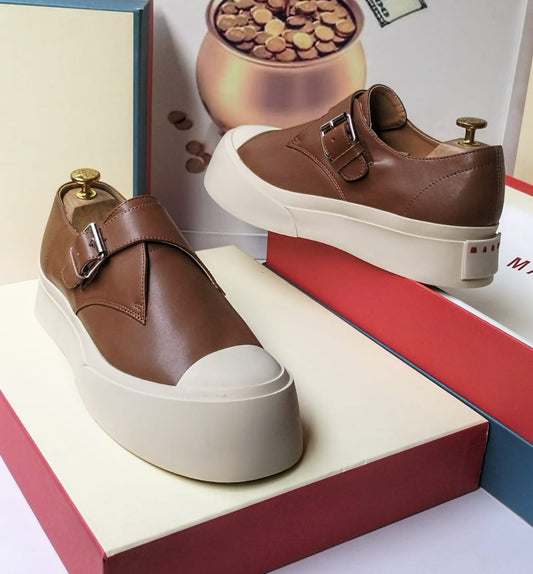 Tan Leather Monk Strap Platform Sneaker – White Sole