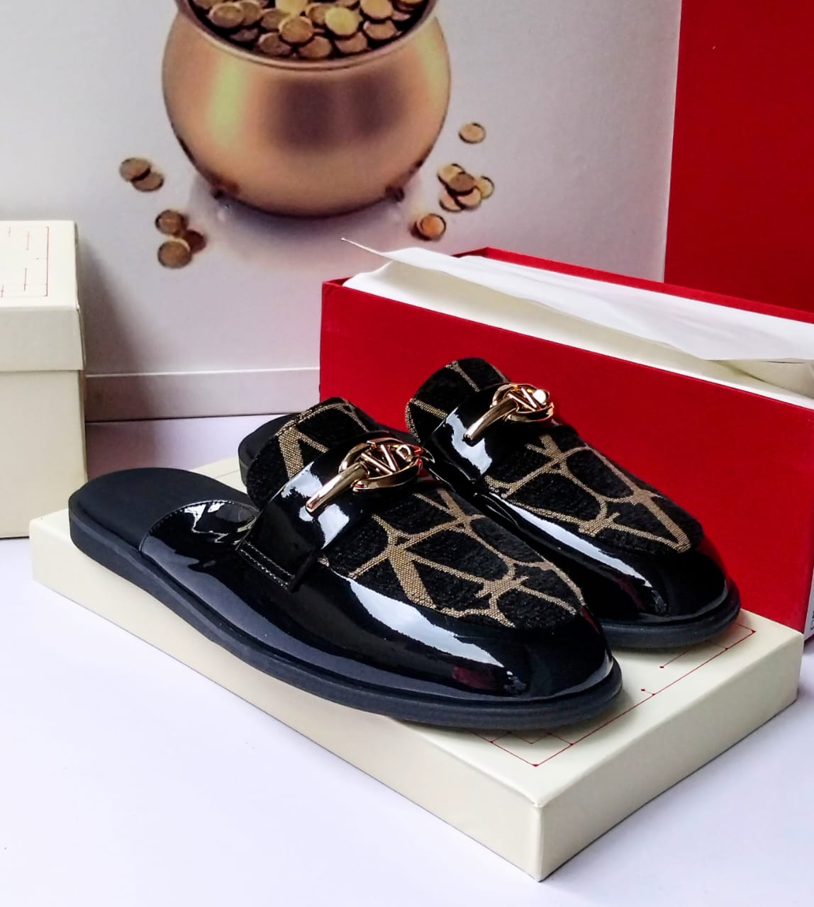 Valentino Garavani Black Patent Leather VLogo Mule Slides — 100% Authentic