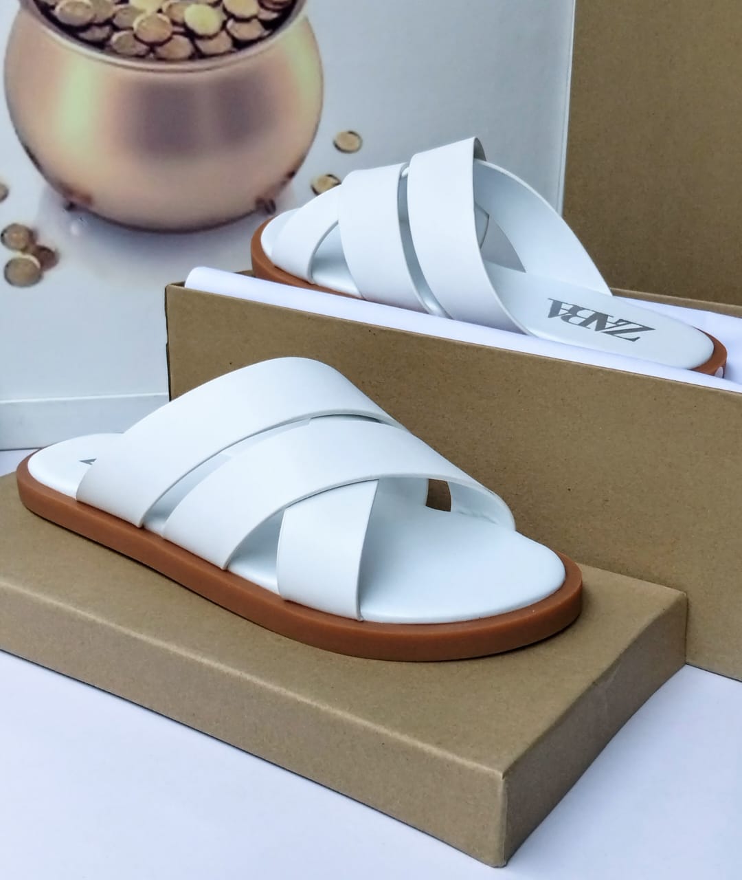 Premium Leather Crossband Slide Sandal – White/Tan