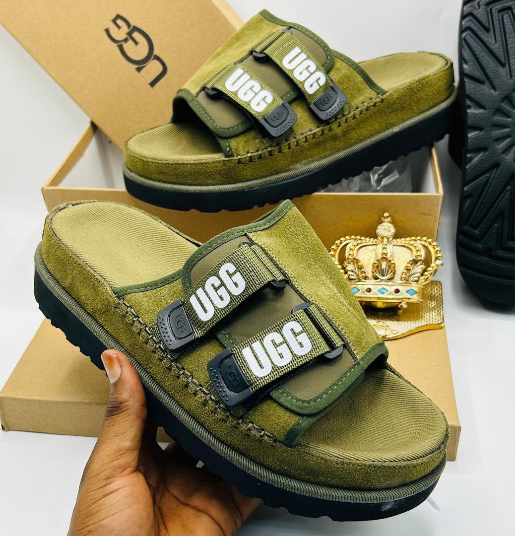 UGG Tasman X Olive Green Suede Double-Strap Slides — 100% Authentic
