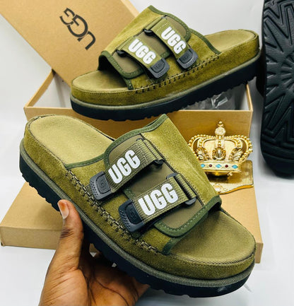 UGG Tasman X Olive Green Suede Double-Strap Slides — 100% Authentic