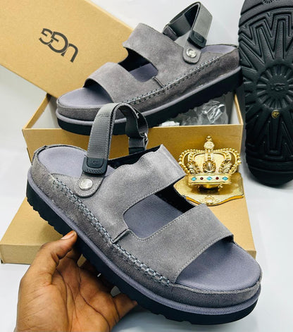 UGG Goldenstar Charcoal Grey Suede Double-Strap Sandals — 100% Authentic