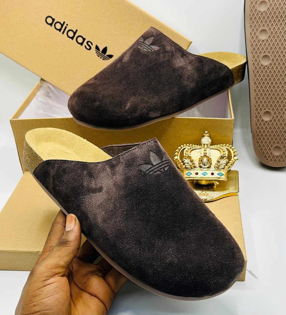 Adidas Originals Dark Brown Suede Trefoil Mule Clogs — 100% Authentic