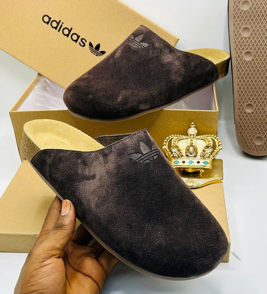 Adidas Originals Dark Brown Suede Trefoil Mule Clogs — 100% Authentic