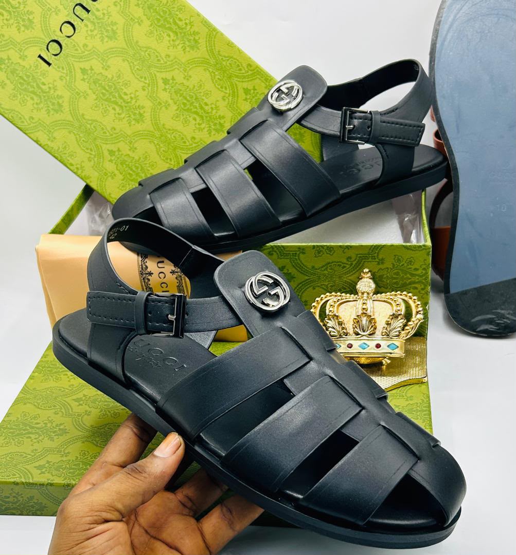 Gucci Black Leather Interlocking G Fisherman Sandals — 100% Authentic