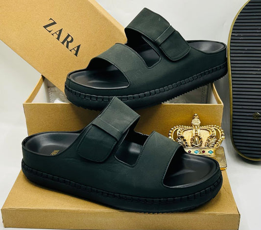 Zara black double-strap platform sandals with wide toe strap, adjustable velcro upper strap, chunky platform footbed with midsole stitching, and ridged black rubber outsole on Zara kraft box — 100% authentic men's luxury sandals