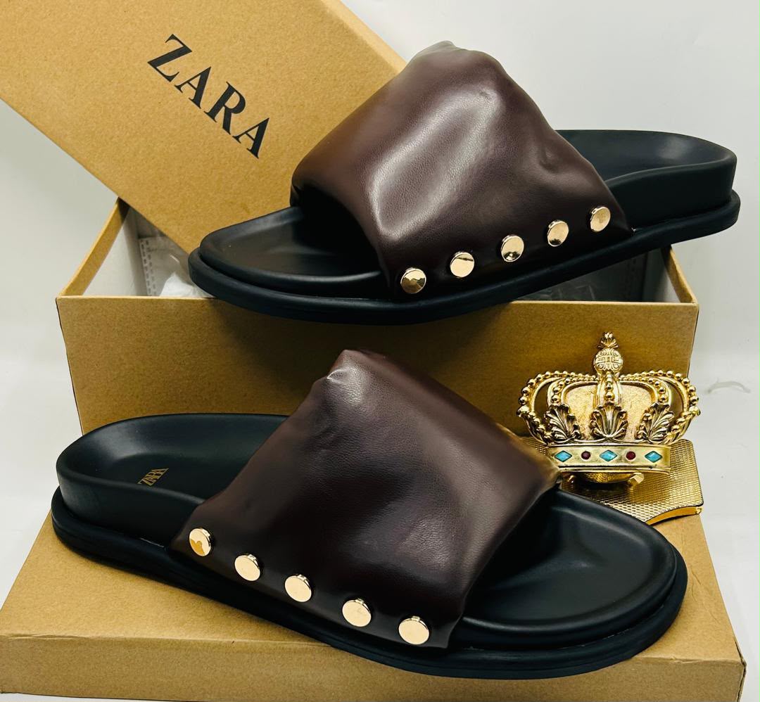 Zara Black Leather Gold Stud Slide Sandals — 100% Authentic
