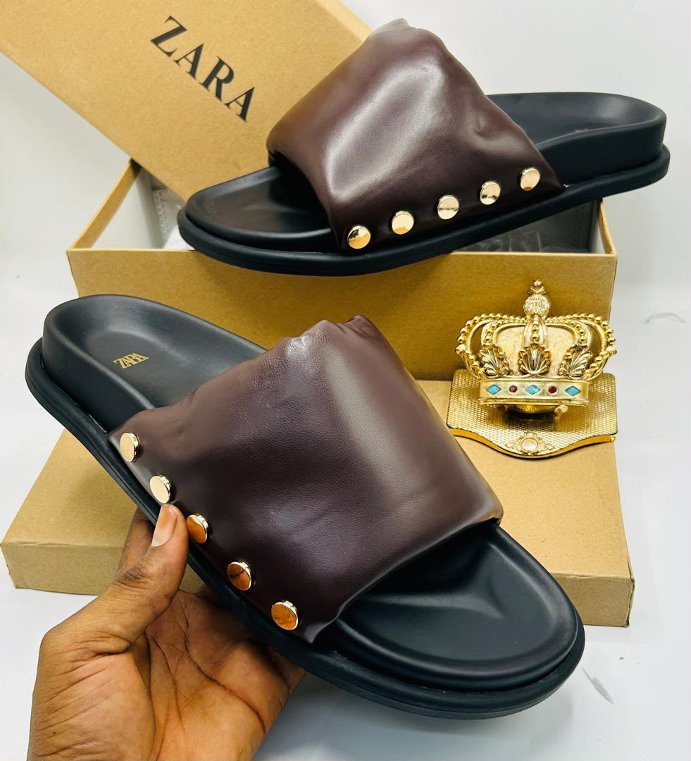 Zara Black Leather Gold Stud Slide Sandals — 100% Authentic