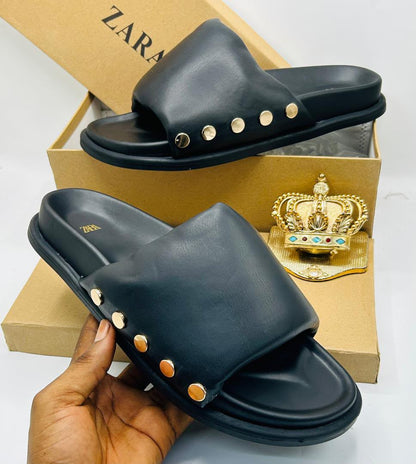 Zara Black Leather Gold Stud Slide Sandals — 100% Authentic