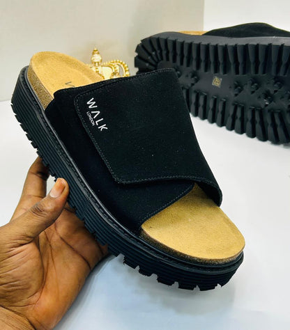 Walk London Black Suede Wide-Strap Platform Slides — 100% Authentic