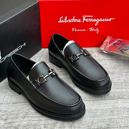 Salvatore Ferragamo Gancini Bit Loafer — Black Pebbled Leather