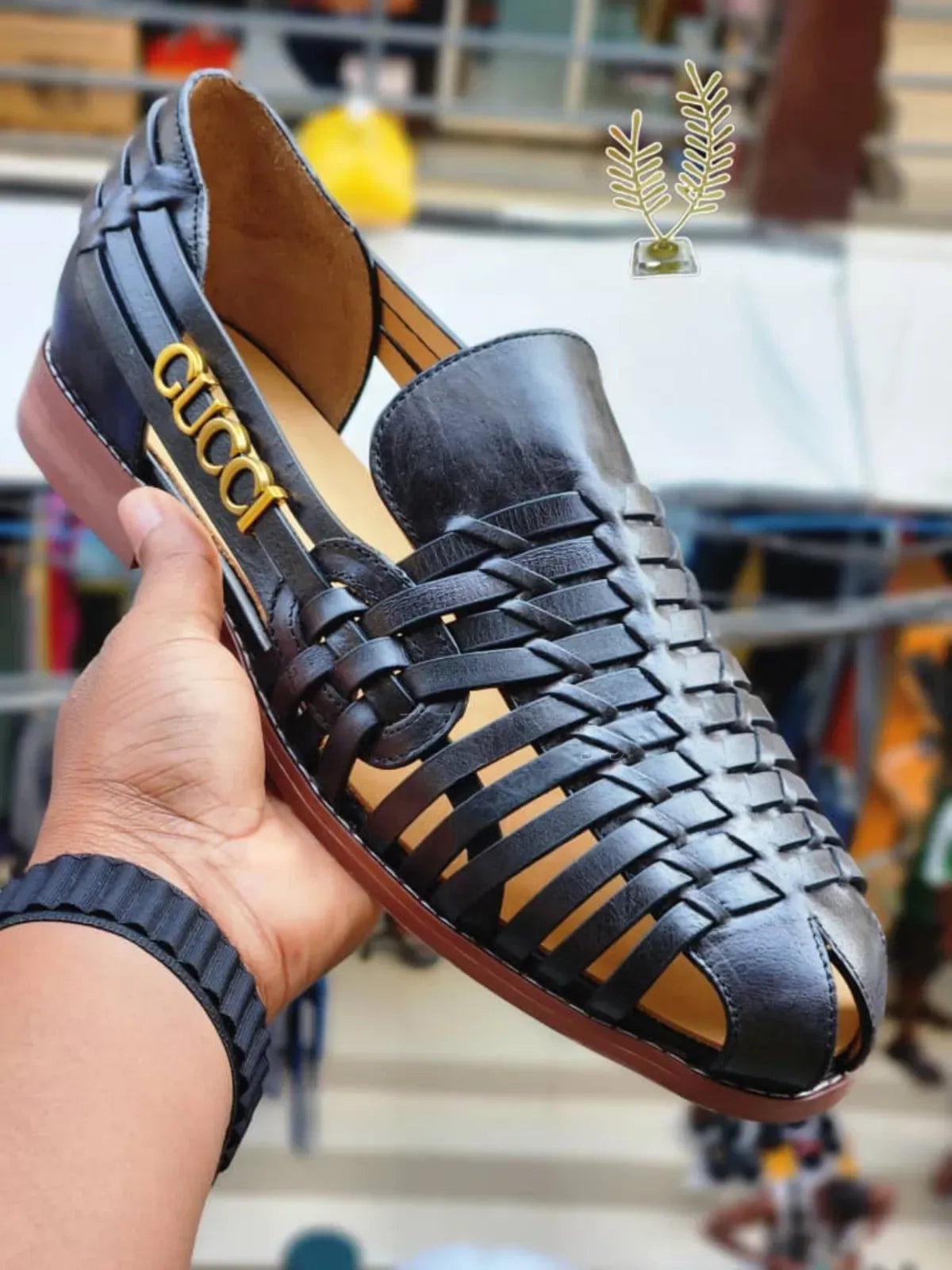 Gucci Men's Tan Leather Woven Cage Sandal